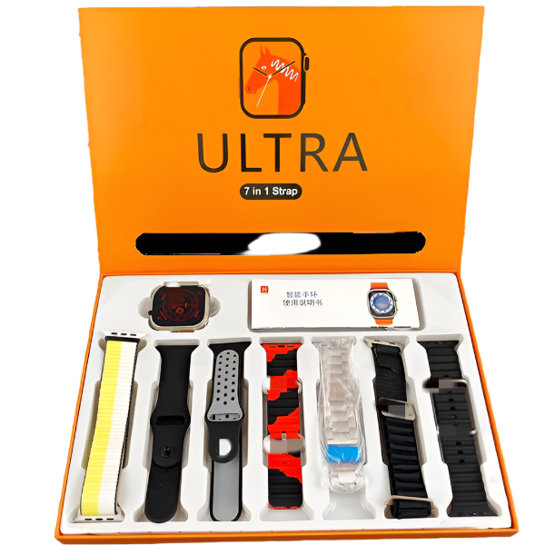 Box of Ultra 7-in-1 strap set with various watch straps on a white background