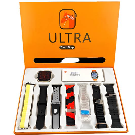 Box of Ultra 7-in-1 strap set with various watch straps on a white background